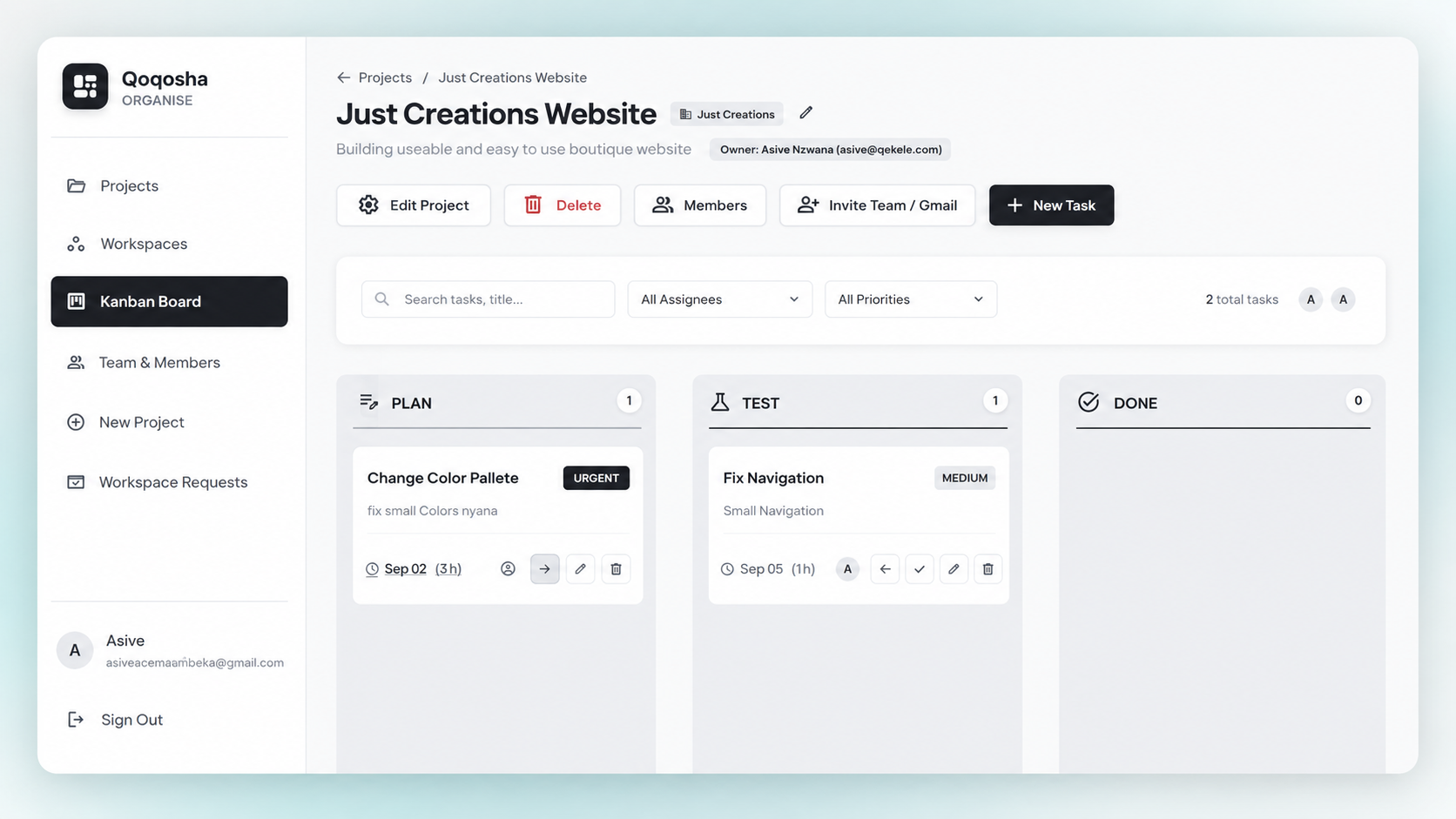 Qoqosha Kanban workspace dashboard